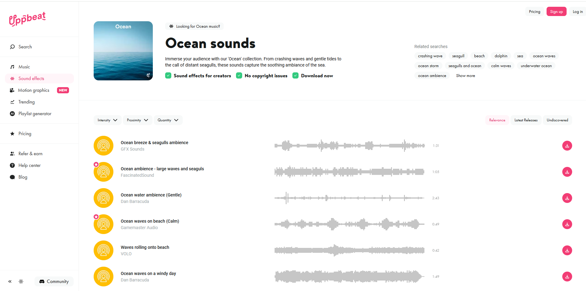 Interface of Uppbeat - an ideal resource for ocean sound effects