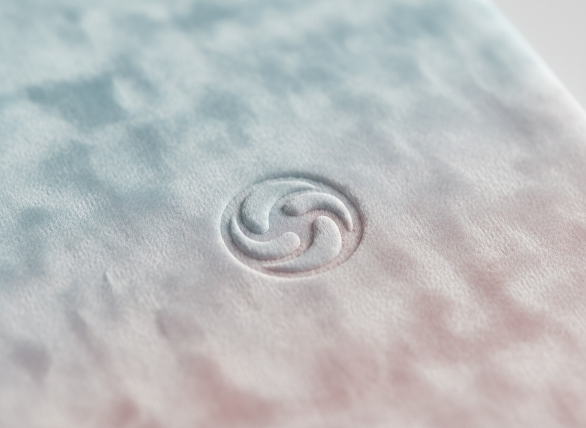 Logo badge applied on velvet soft fabric; realistic macro texture, subtle embossing, pastel background, studio lighting, tactile fabric surface.