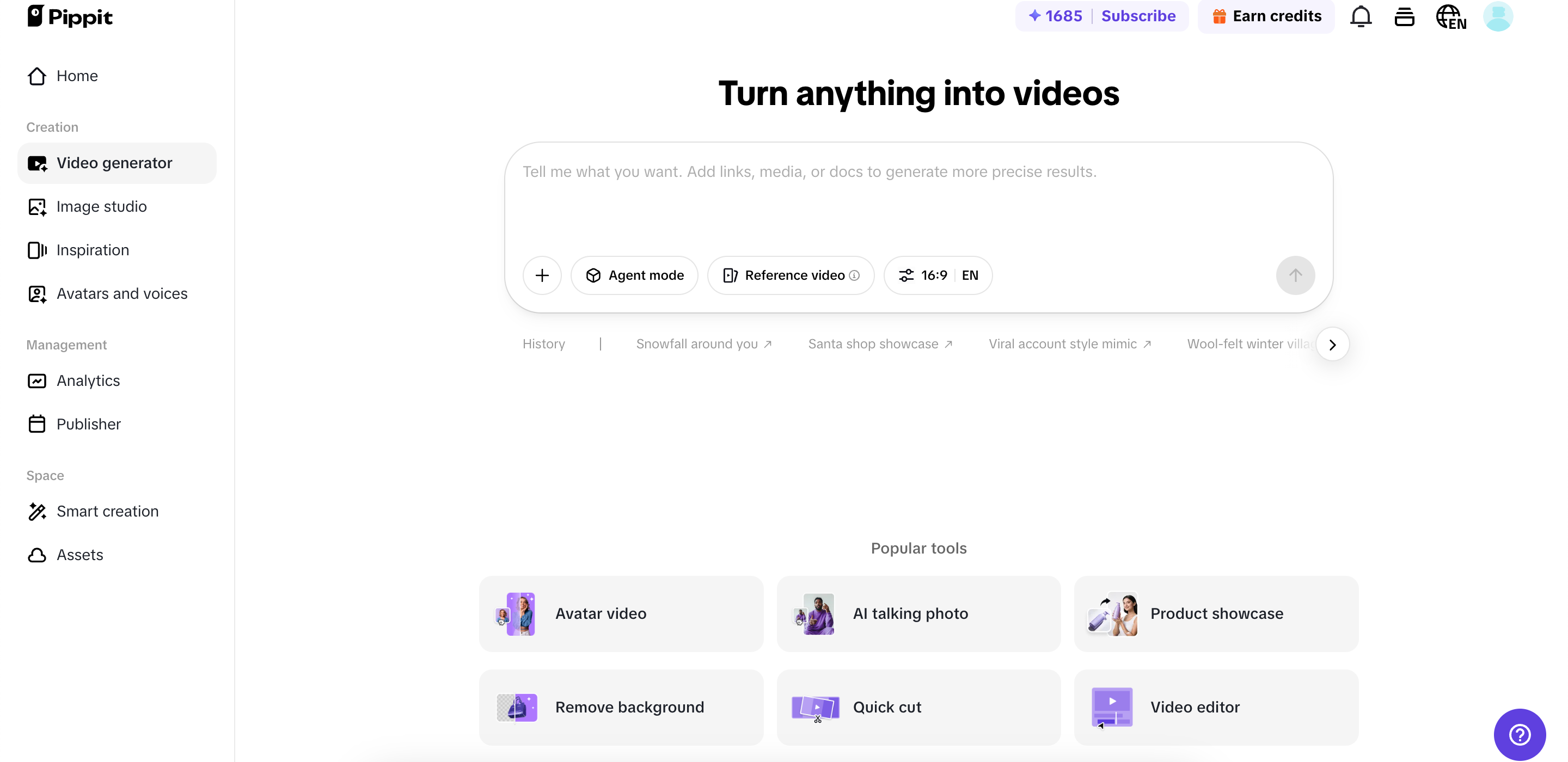 Pippit's video generator interface
