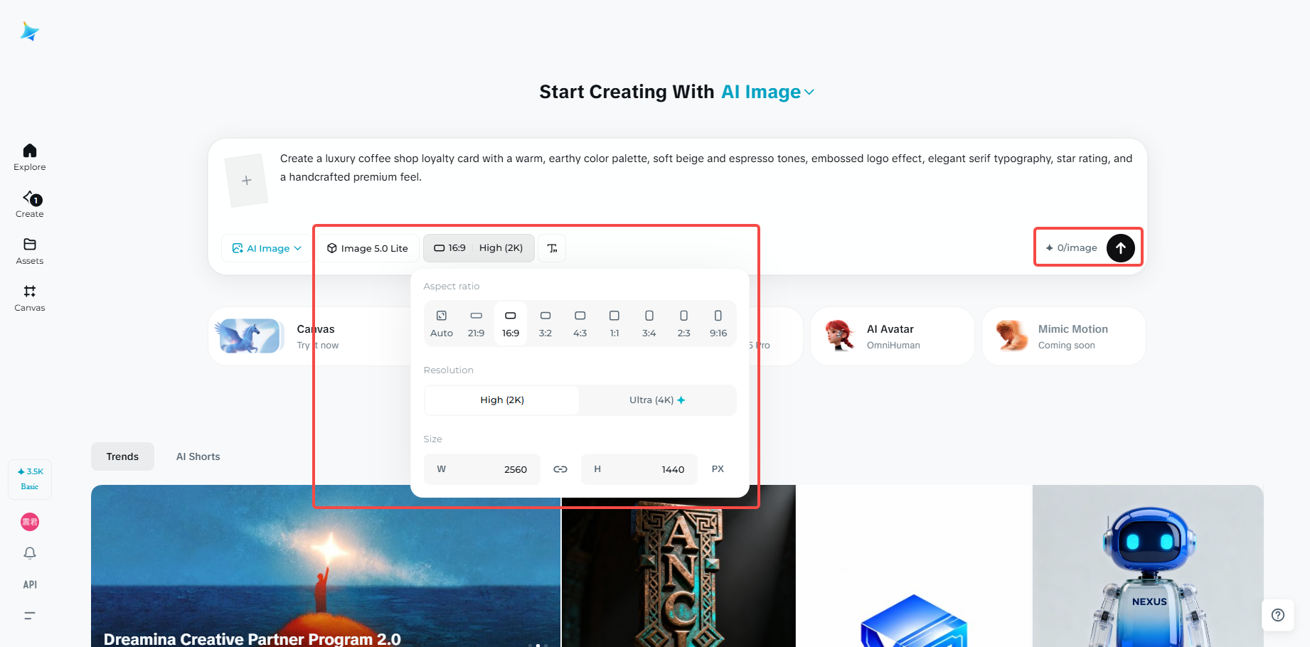 Select the image model and adjust settings