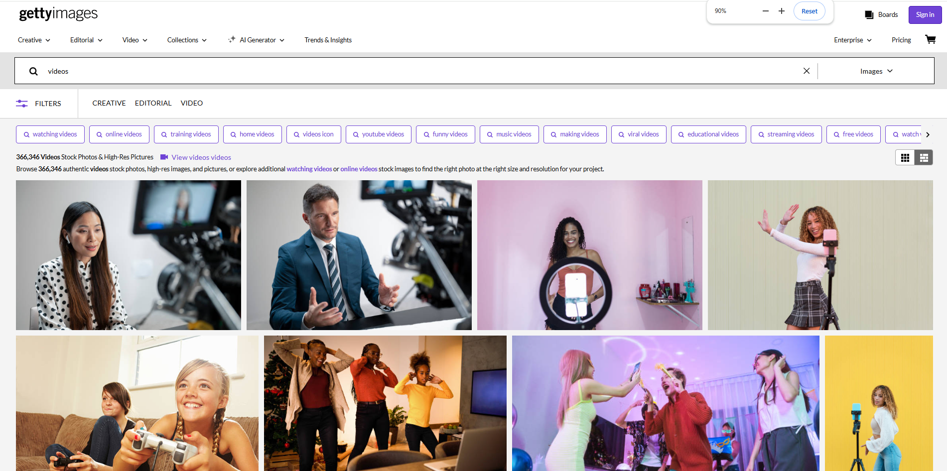 Interface of Getty Images - the best resource for free video clips