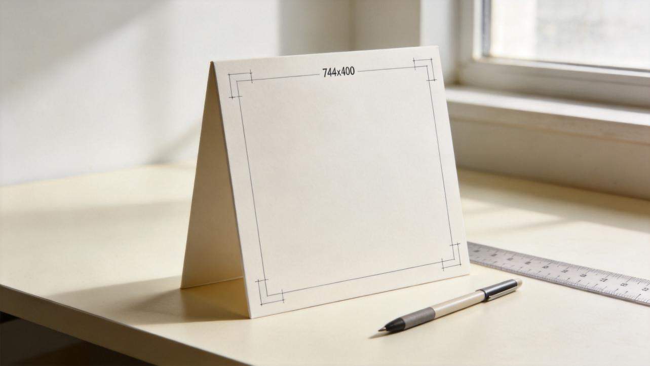 Blank folded card mockup with 744x400 template lines, ruler, and pen on a desk