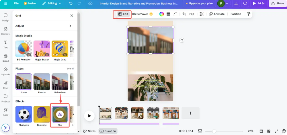 Showing how to blur video background in Canva
