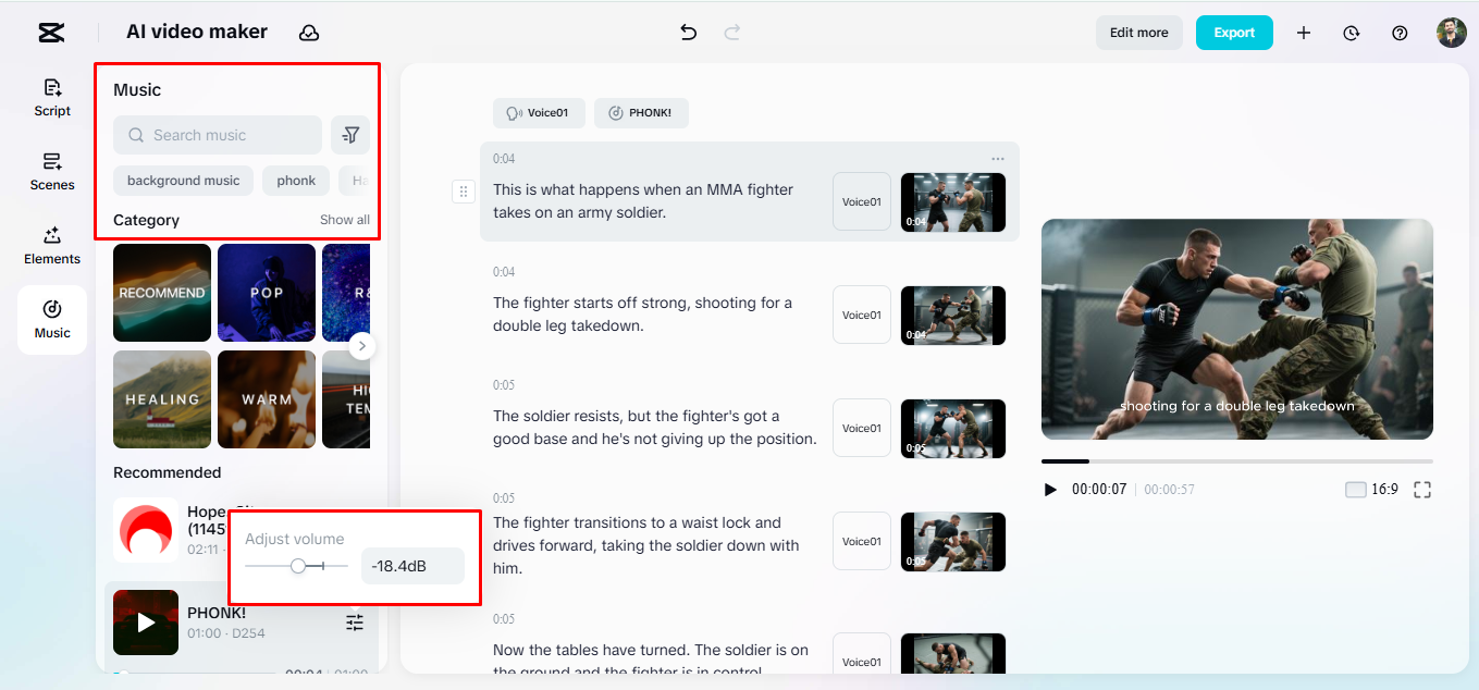 Die Hintergrundmusik zum KI-generierten Video im KI-Video-Generator von CapCut hinzufügen
