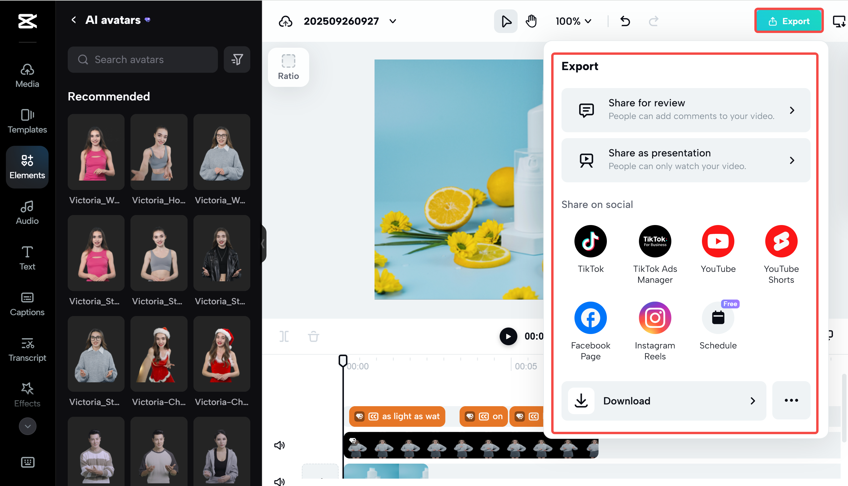 Downloading the avatar video from the CapCut Web