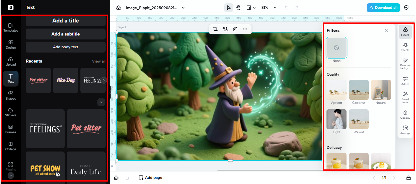 Spazio di editing immagini Pippit