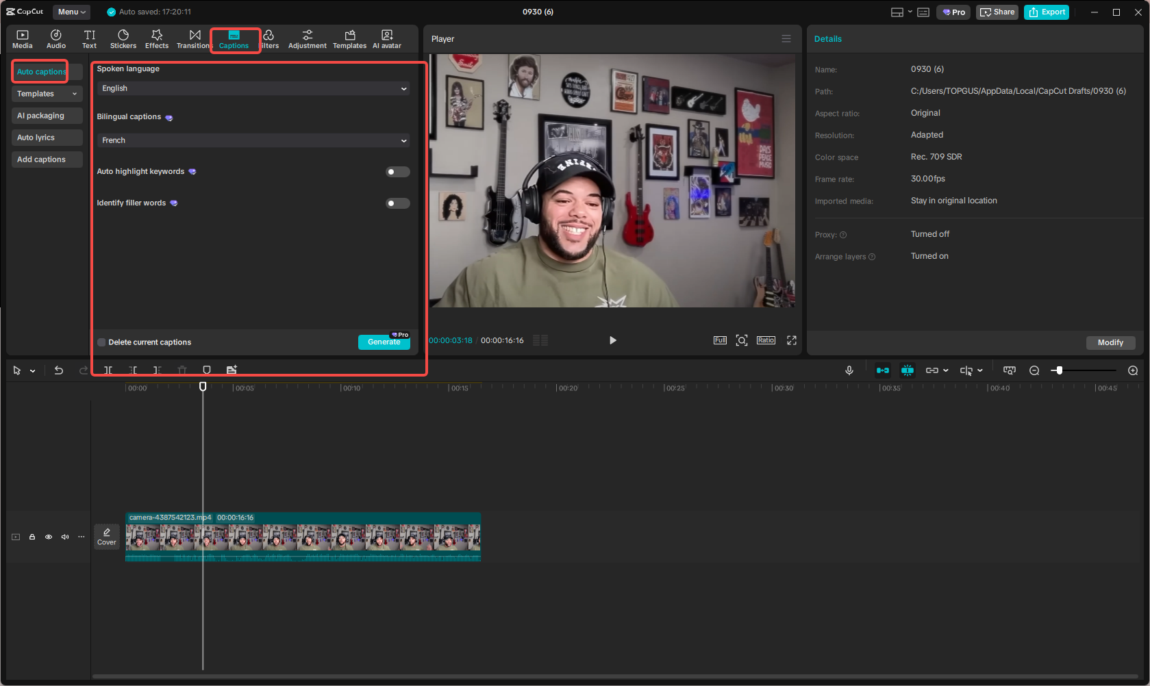 Access the Auto caption feature