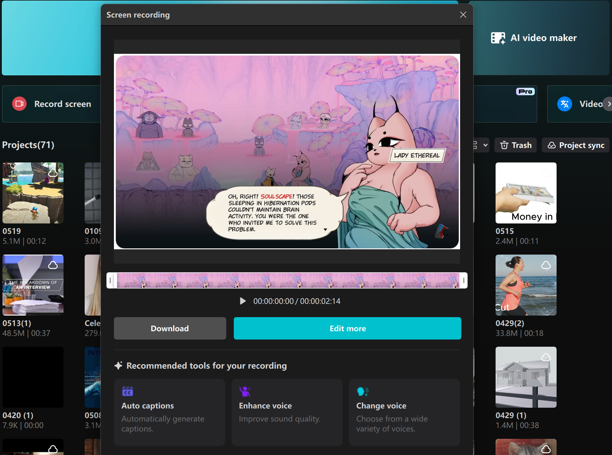 Interface of the CapCut desktop video editor recording the screen