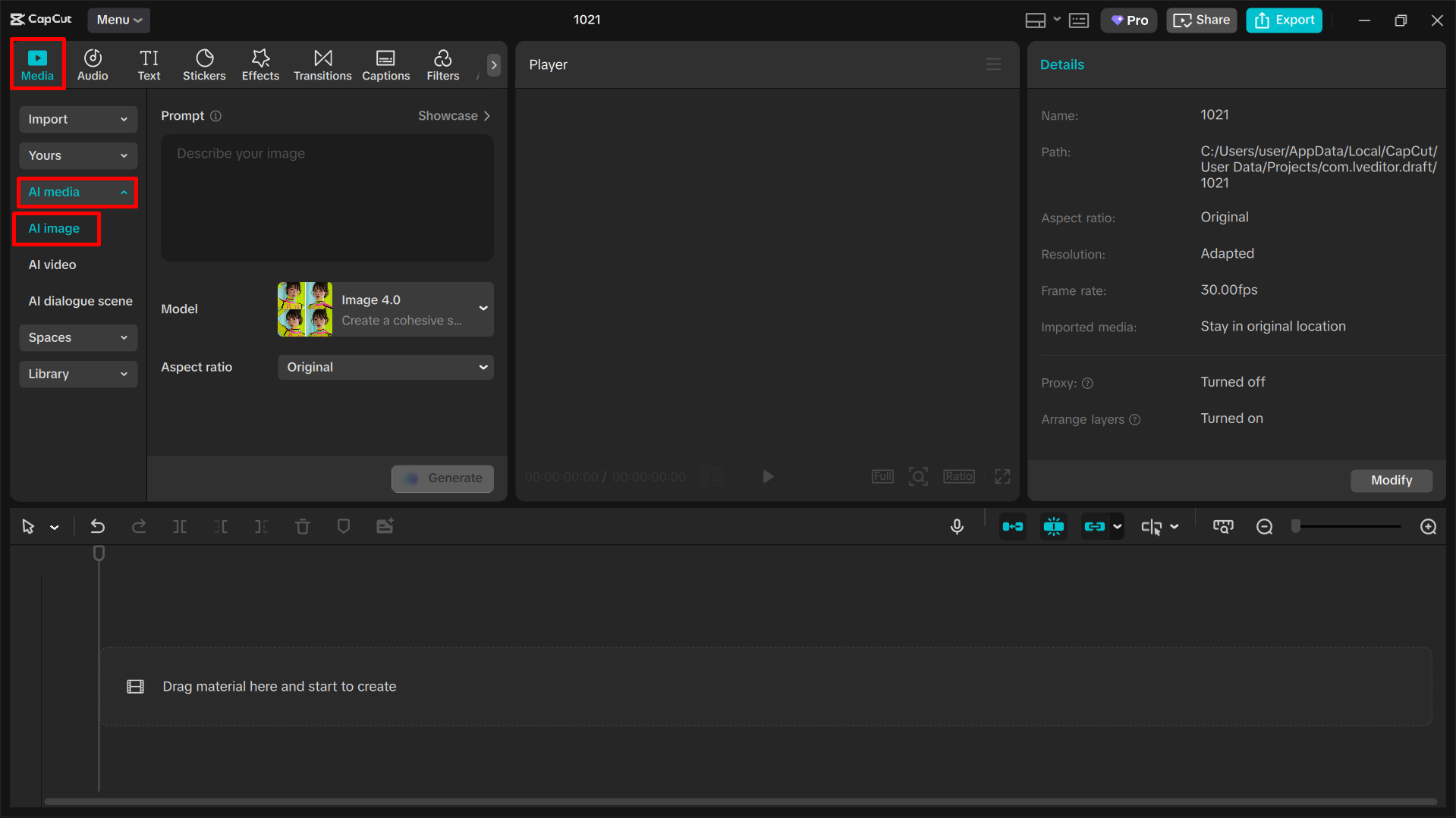 Accessing the AI image tool in the CapCut desktop video editor
