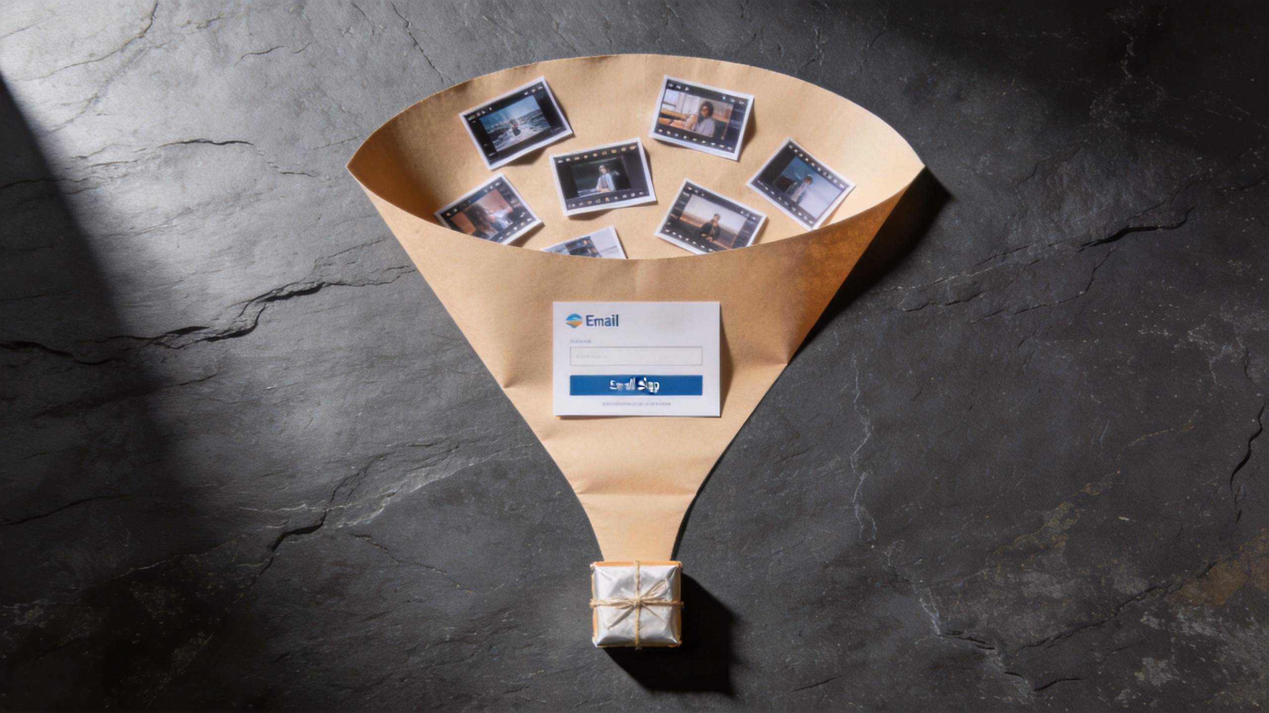 Paper funnel holding tiny video thumbnails with an email signup card