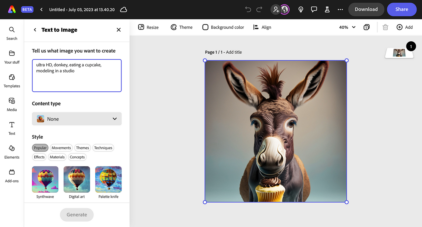 Interface van Adobe - een gratis online AI-tool voor het genereren van afbeeldingen vanuit tekst