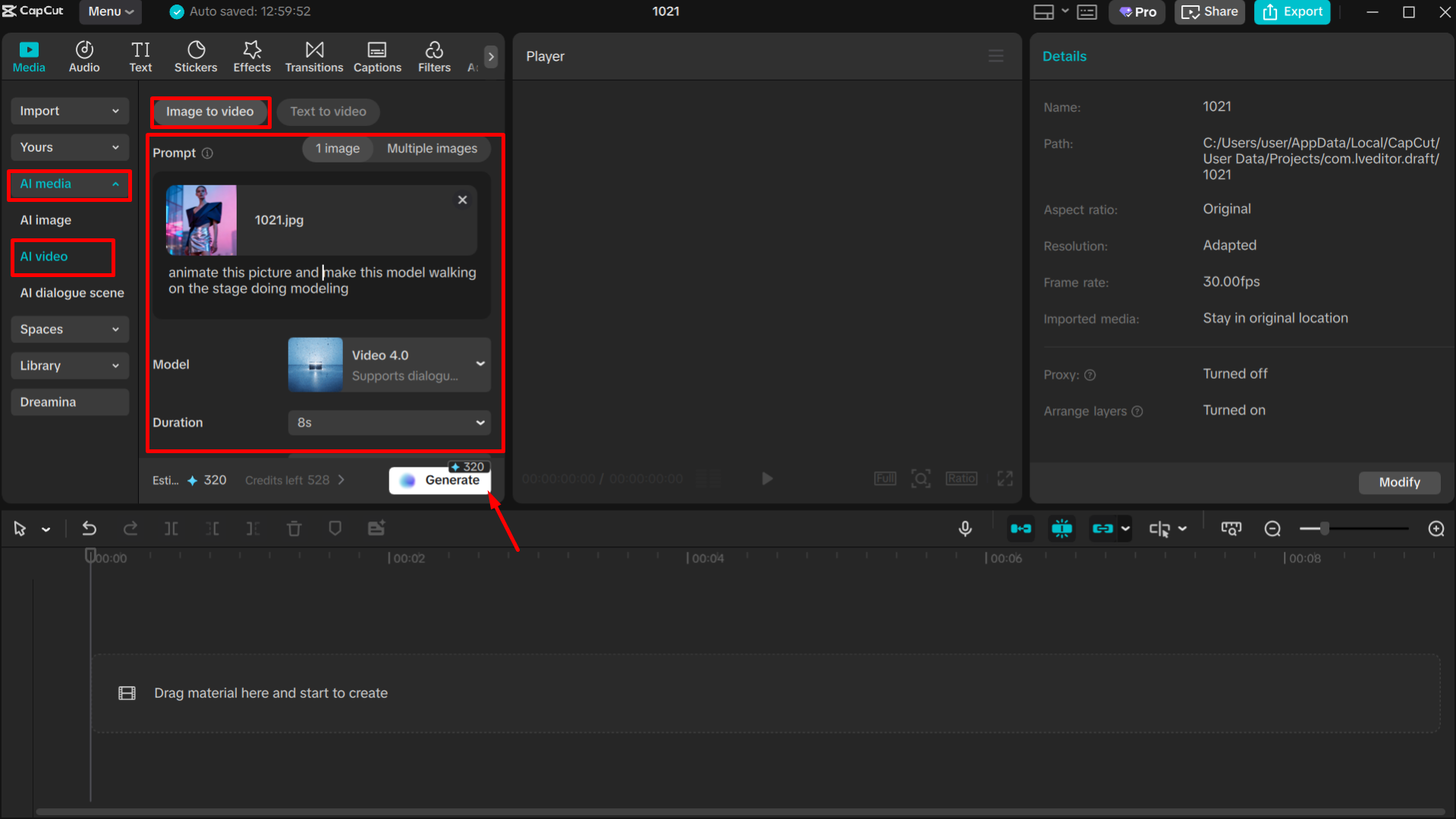 Accessing the image-to-video in the CapCut desktop video editor