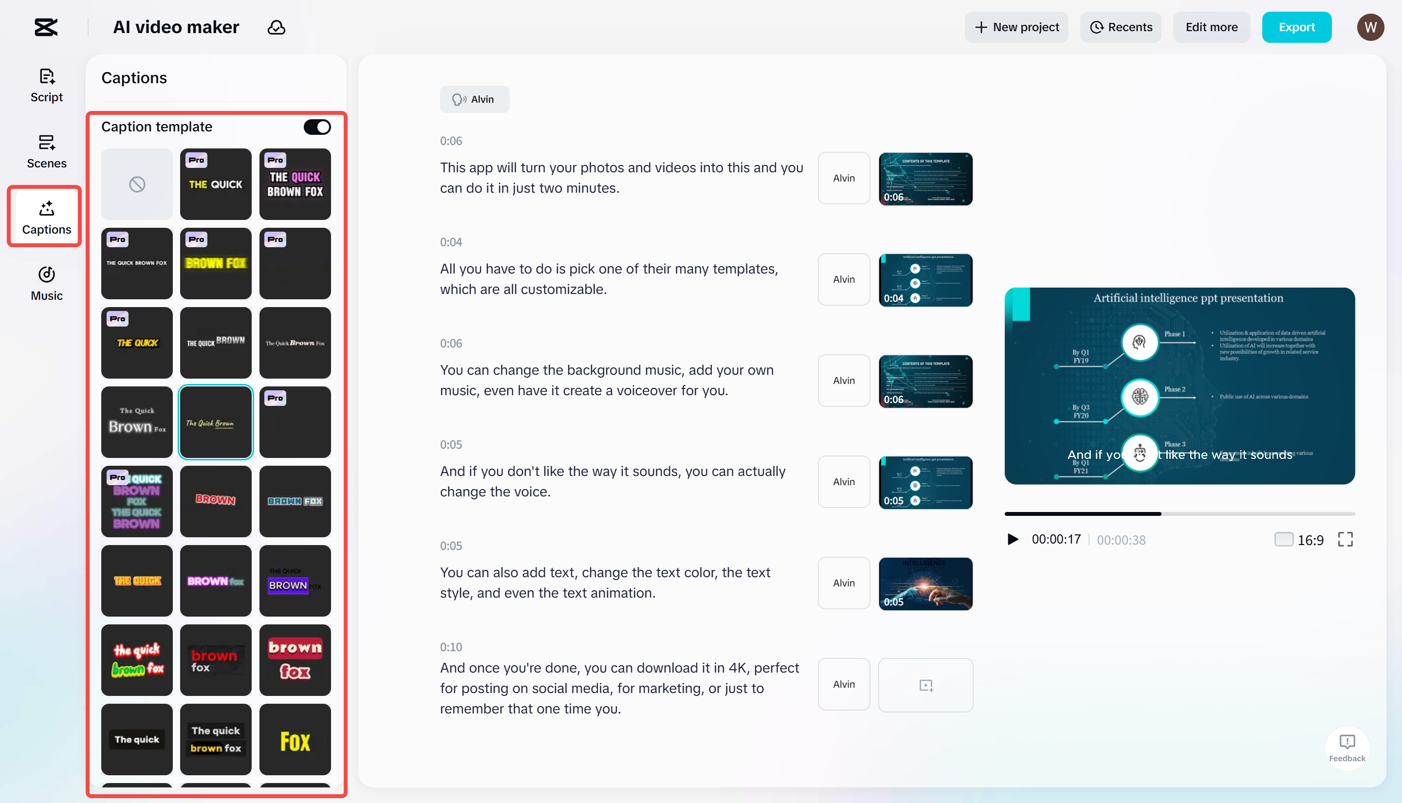 Adding caption templates to a video in CapCut's AI video maker tool