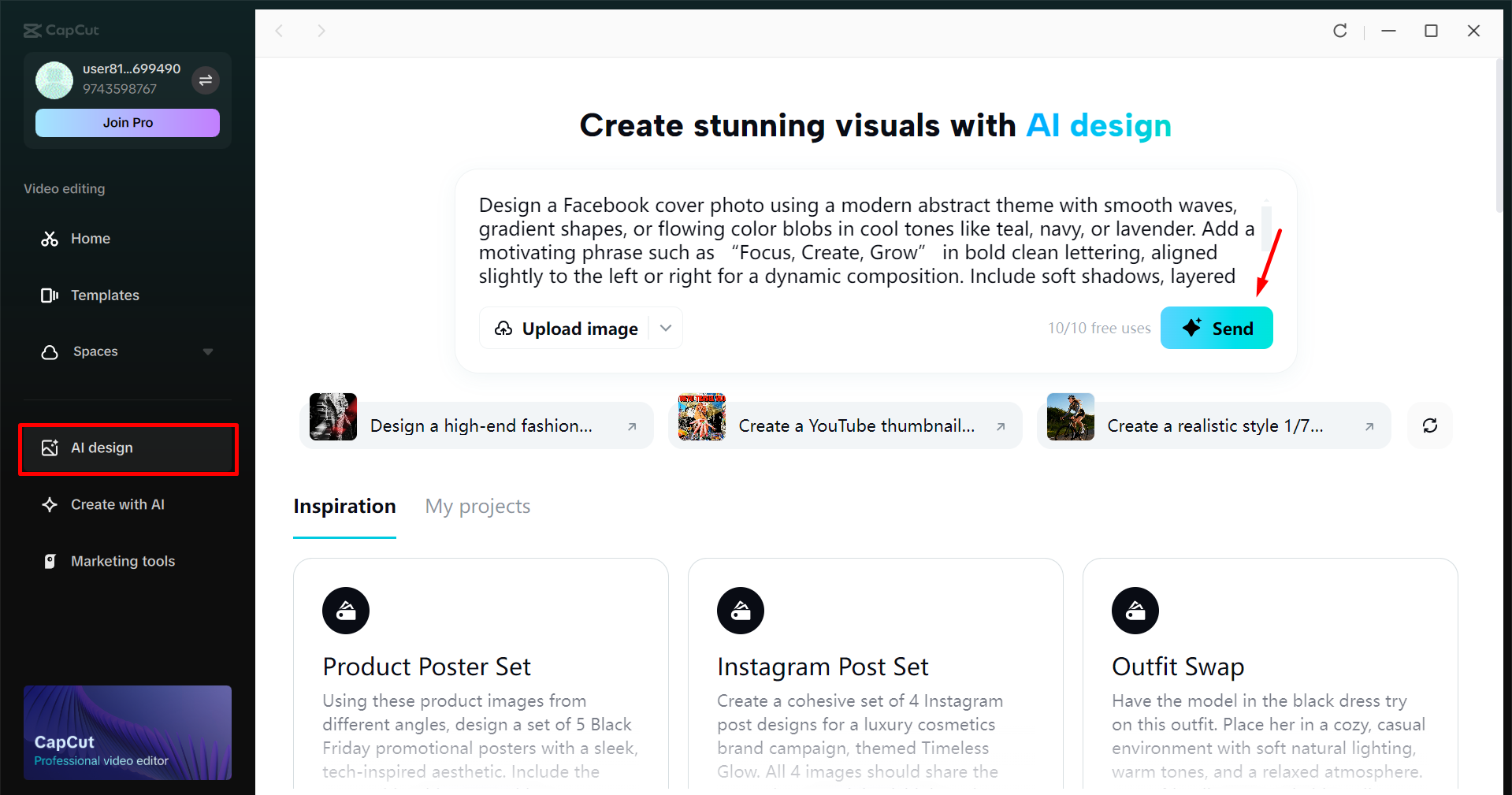 Accessing the AI design tool in the CapCut desktop video editor