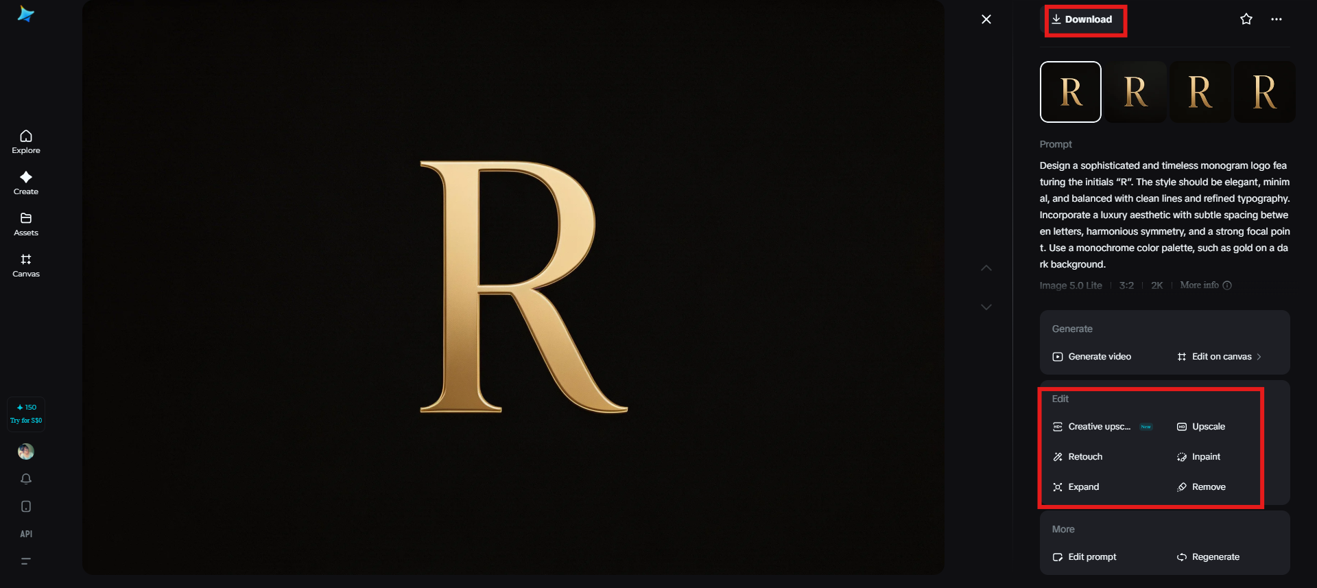 Downloading a monogram logo in Dreamina
