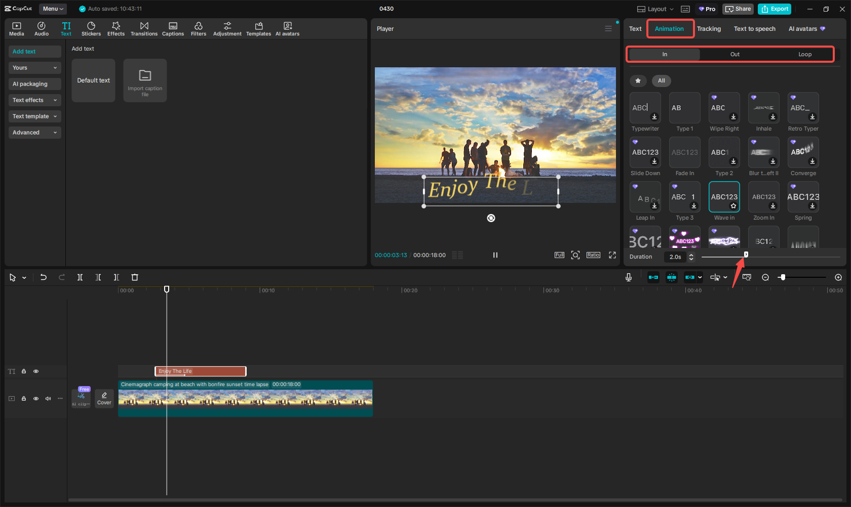 Using text animations in CapCut