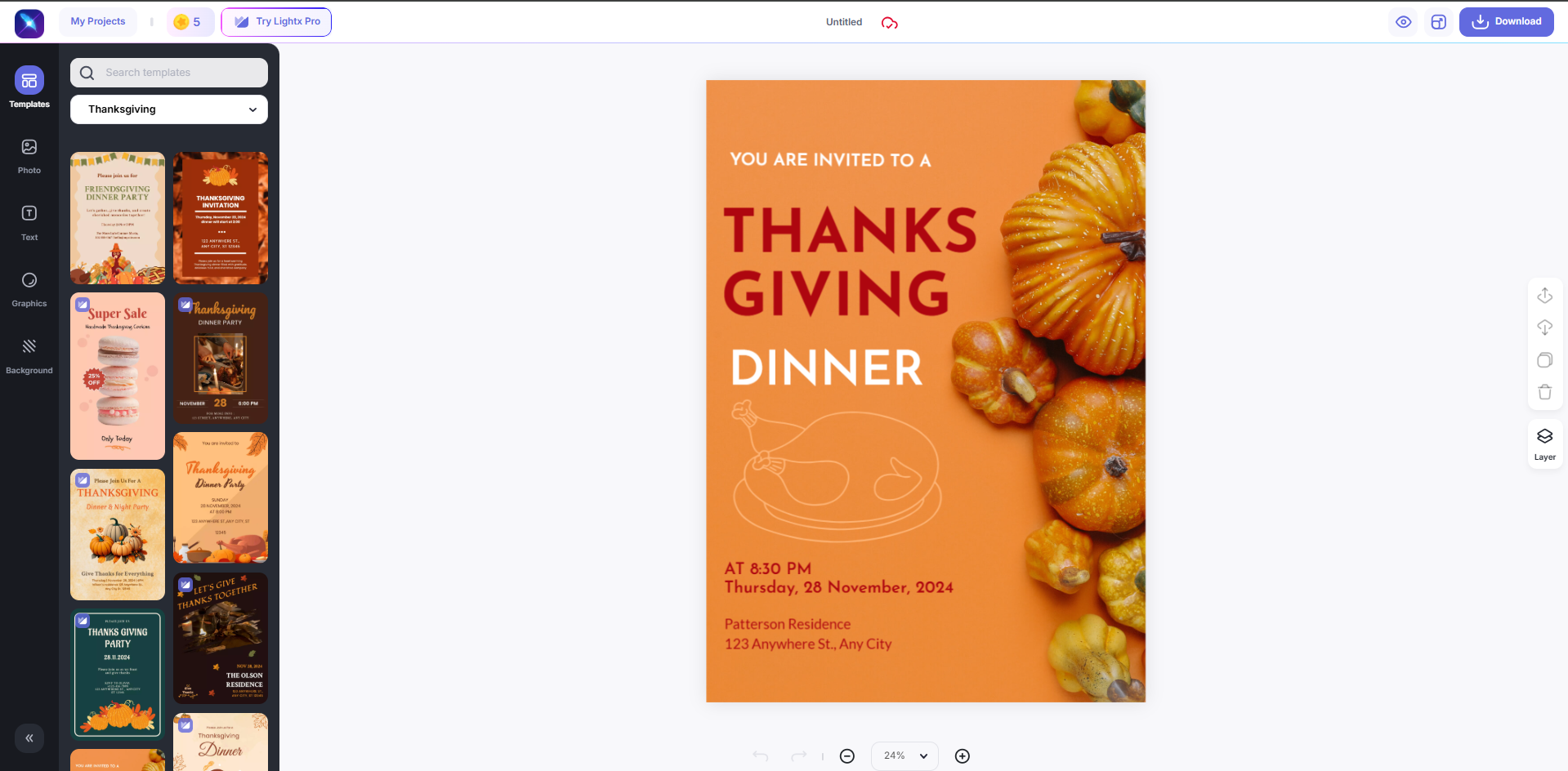 Interface of LightX - another tool to customize Thanksgiving invite template