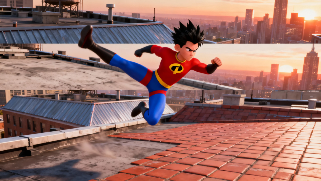 การกระทำของซูเปอร์ฮีโร่บนหลังคาตึก