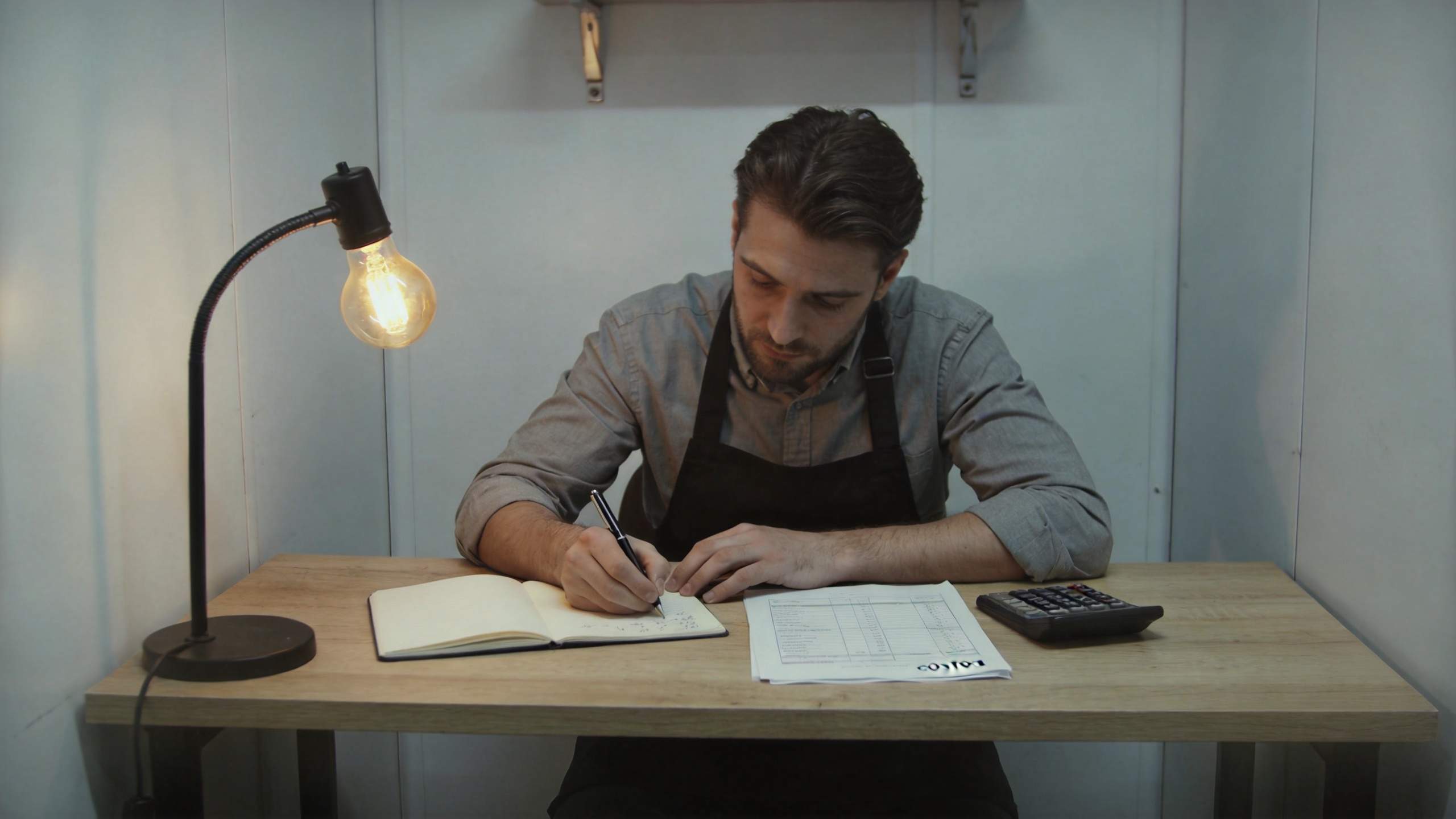 Restaurant manager writes notes at a desk beside a glowing lamp and calculator
