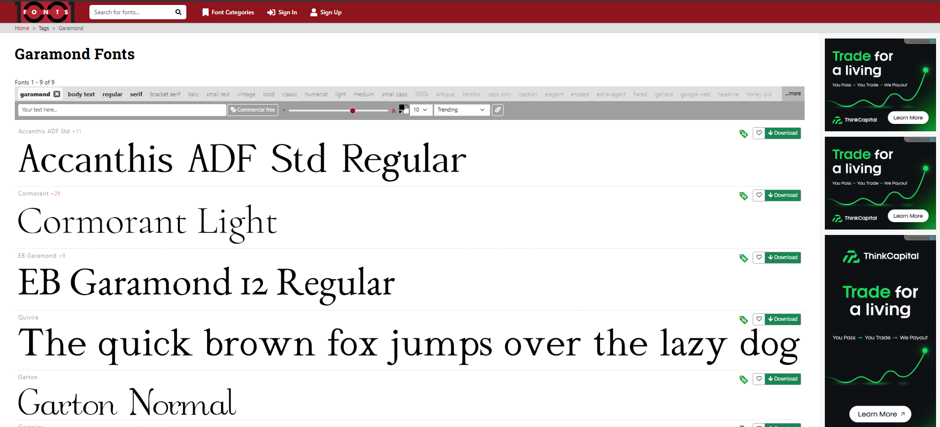 Interface of 1001 Fonts - a good resource for Garamond fonts