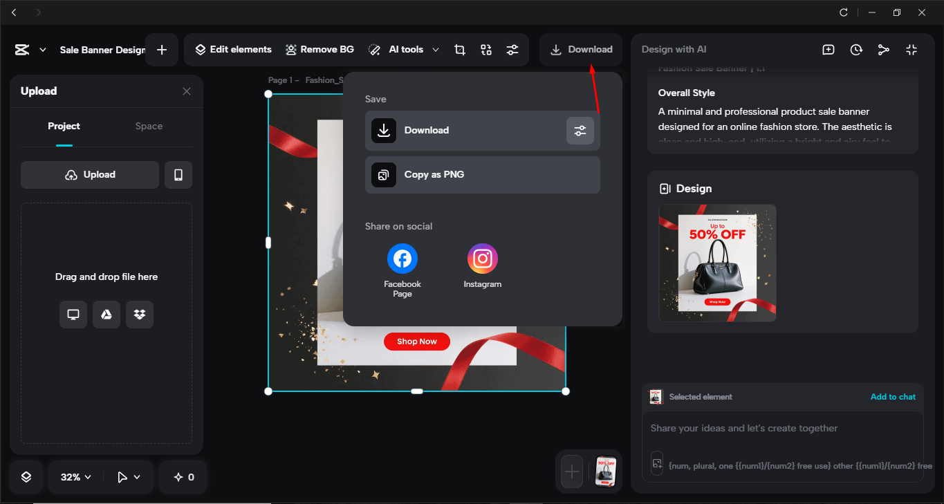 Exporting the sale banner from the CapCut desktop video editor