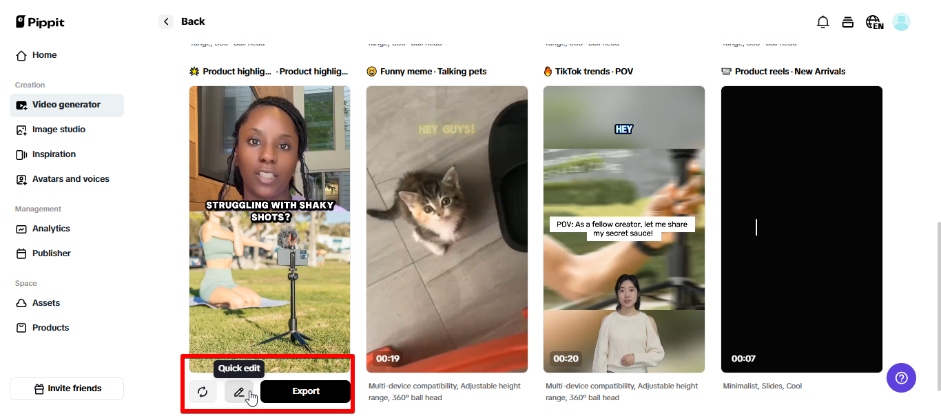 Exporting video from Pippit