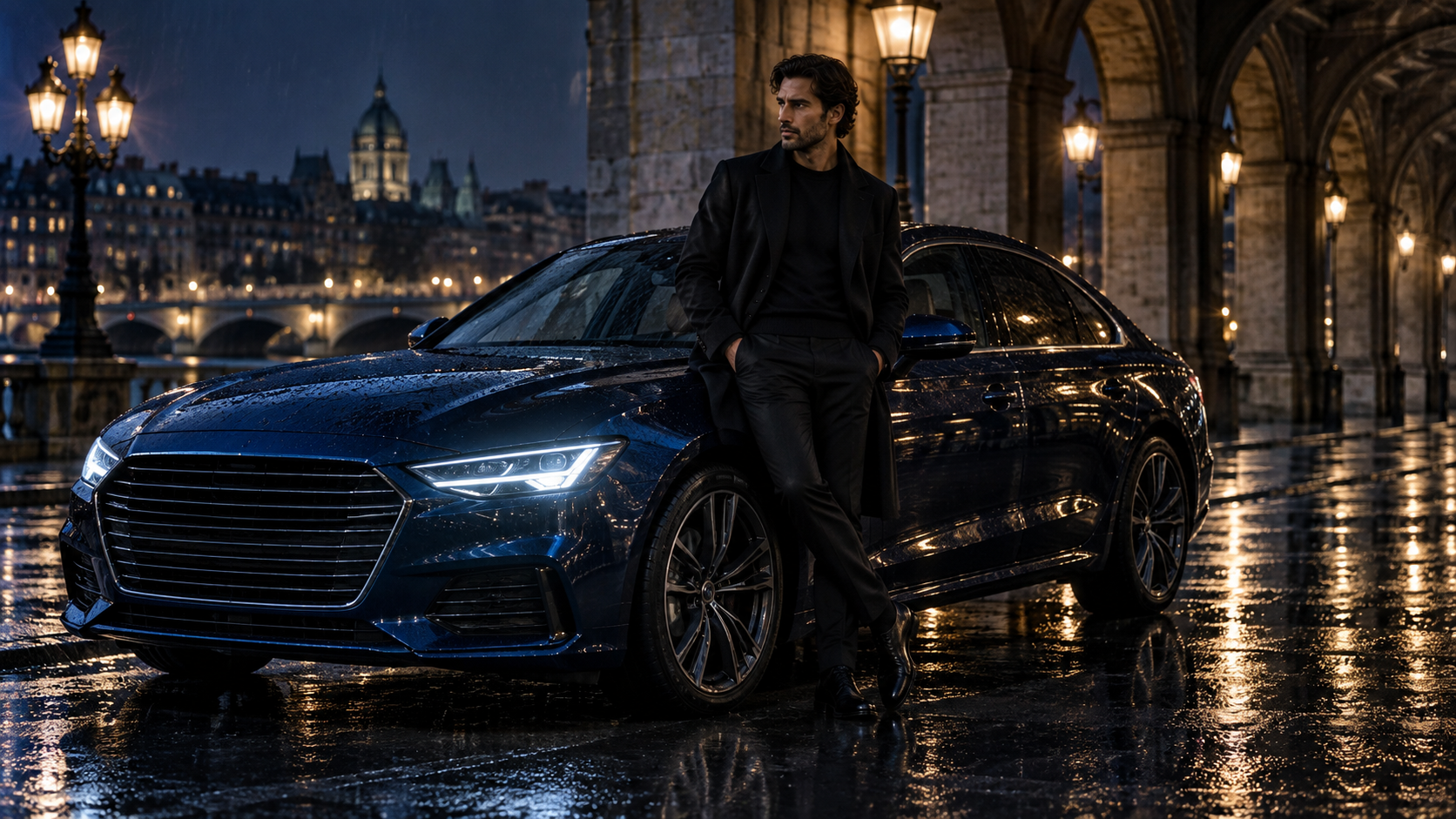 Mercedes Car Stand AI video: Scena della berlina blu illuminata dalla pioggia