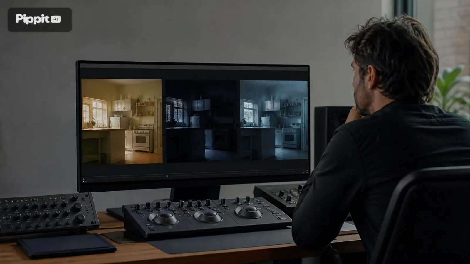 Man editing three lighting versions of a kitchen scene on a monitor