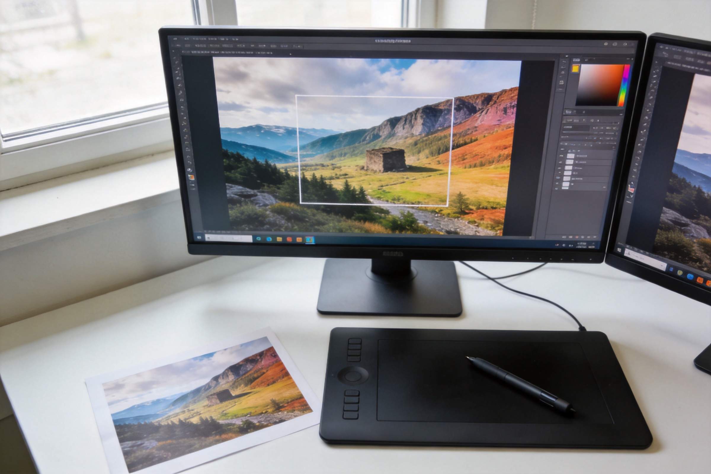 Photo editing workspace with a landscape open on a monitor and a selection box around the center