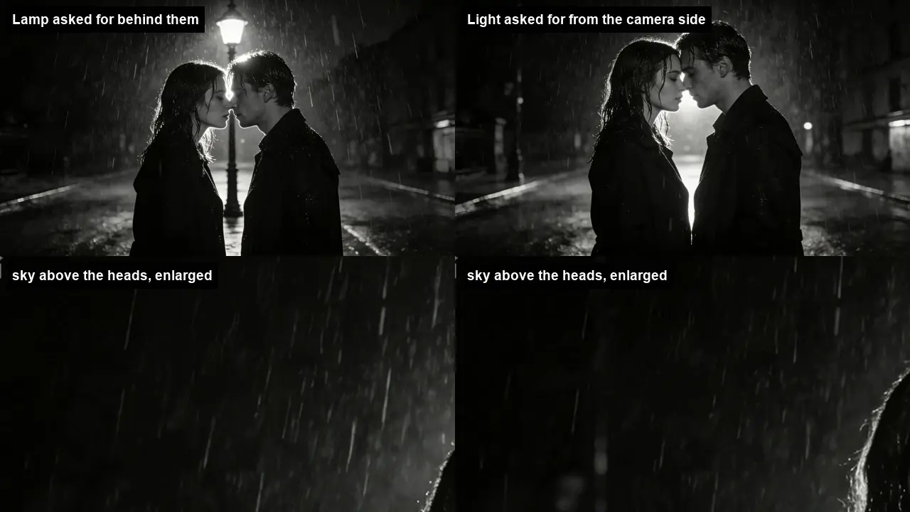 Black-and-white couple in the rain, foreheads touching under a streetlamp.