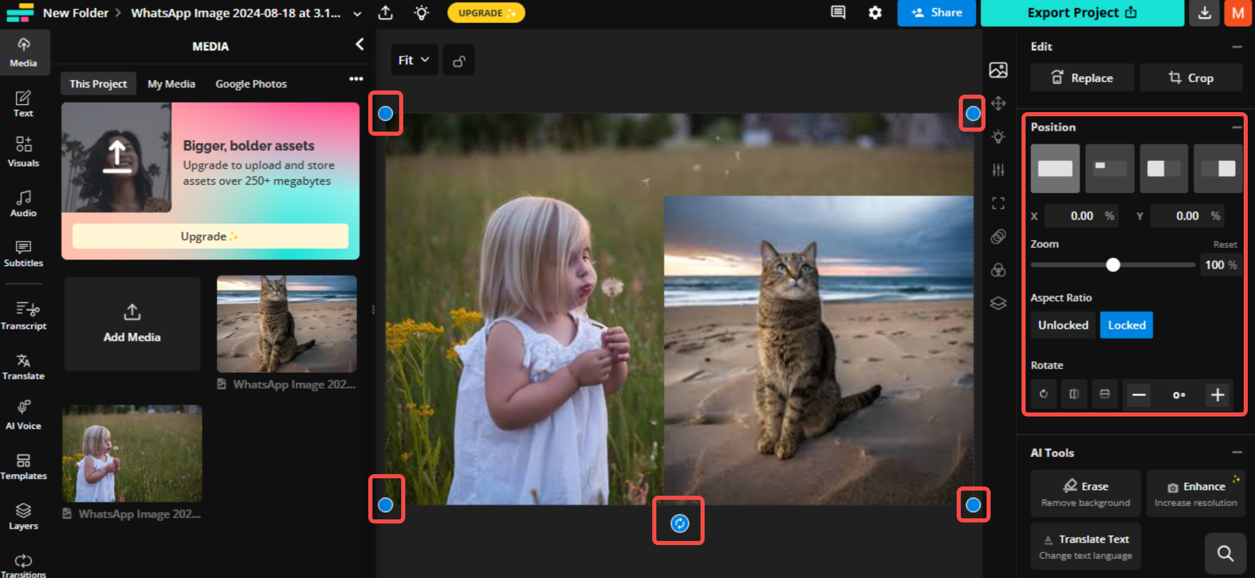 Ajout et positionnement de l'image superposée dans Kapwing