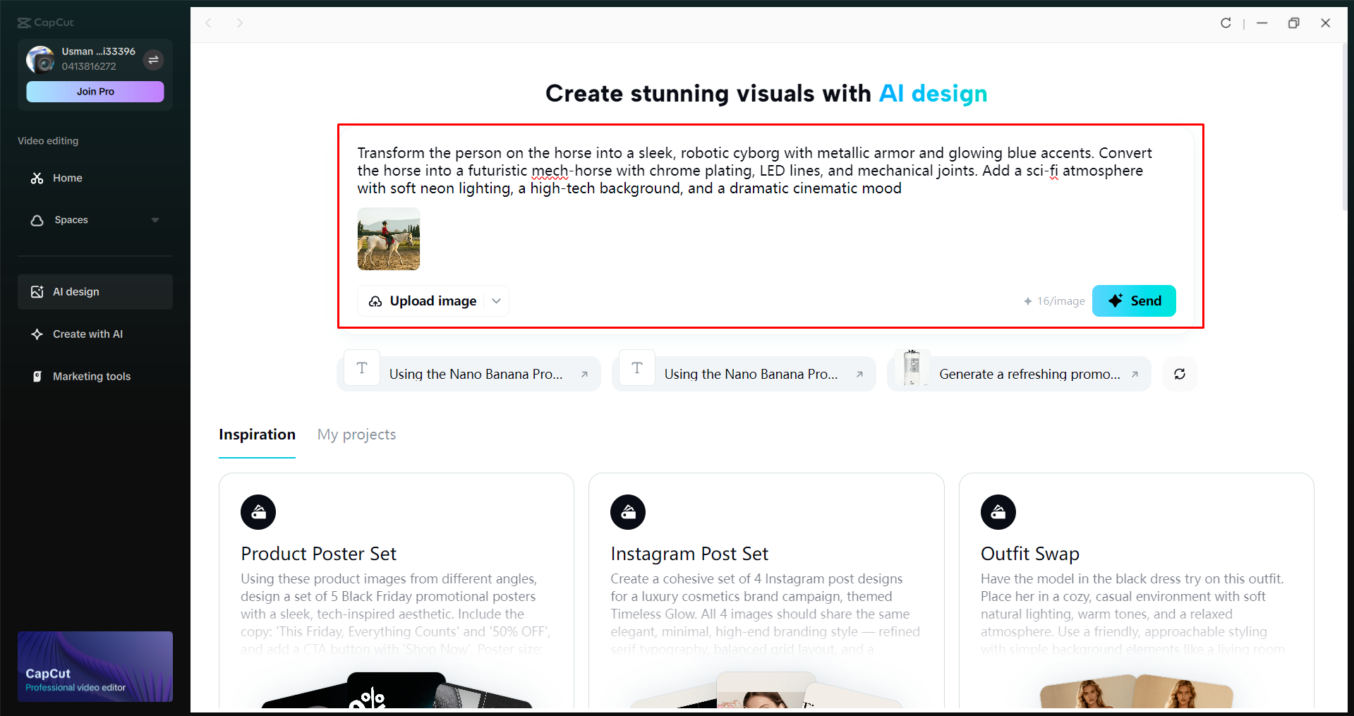 Accessing an AI design tool in the CapCut desktop video editor