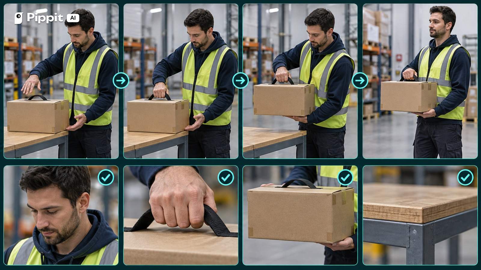 Four warehouse frames and close crops validate an adult worker lifting one parcel from a table.