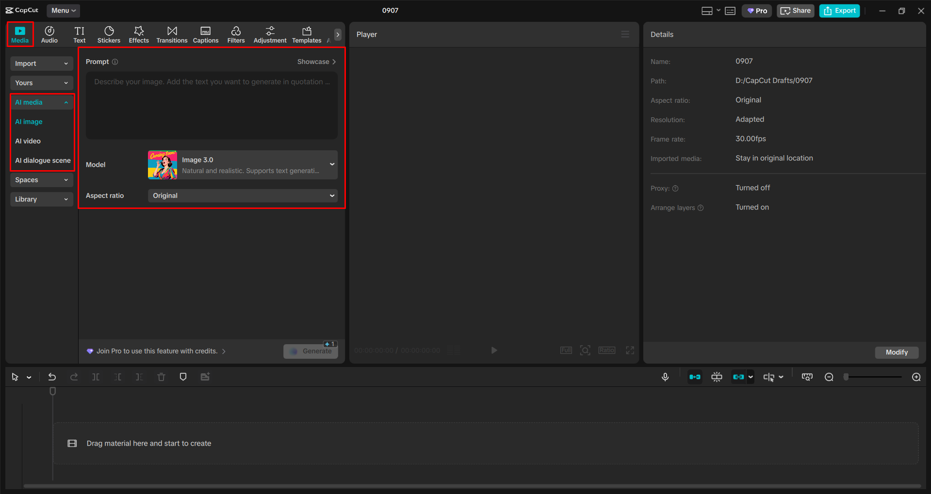 Ouverture du générateur d'images IA dans l' CapCut éditeur vidéo de bureau