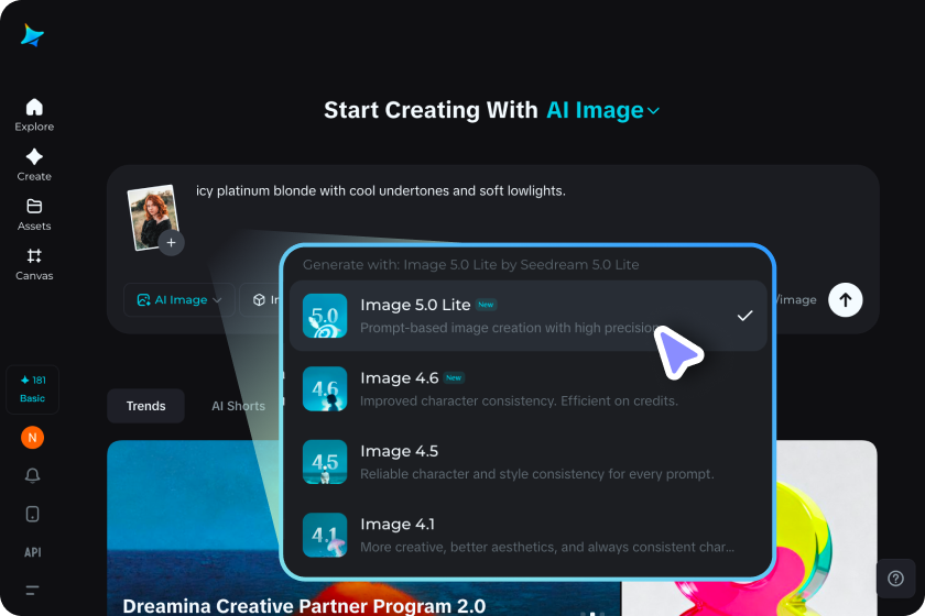 Seleziona il modello Seedream 5.0 per il cambio di colore dei capelli nelle immagini