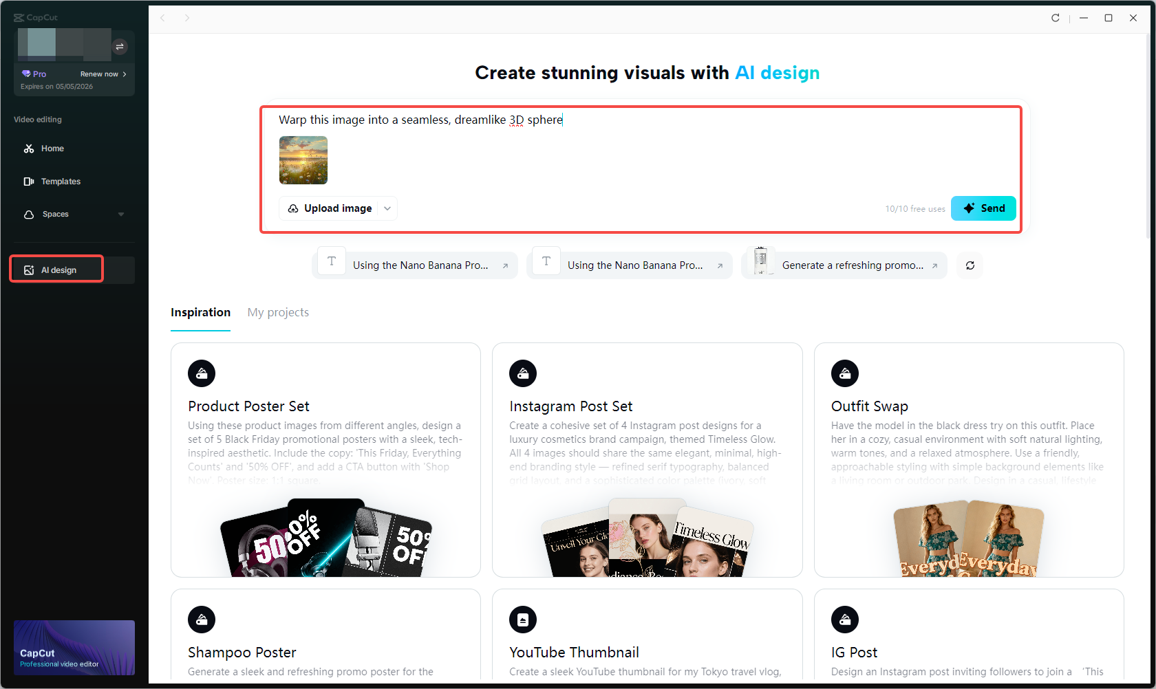 Accessing the AI design feature and uploading an image in CapCut
