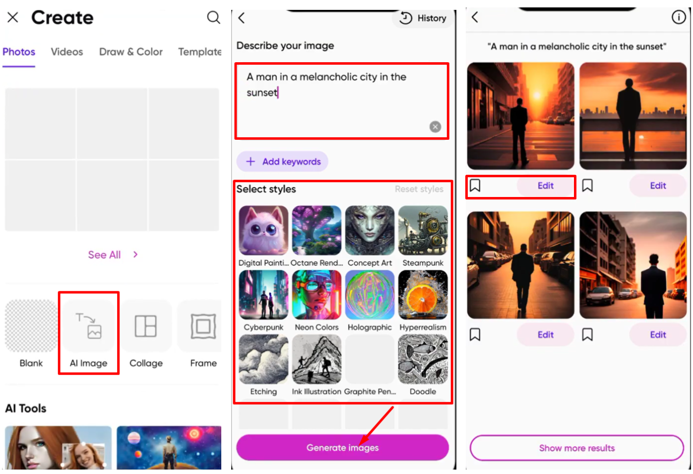 Afbeelding die laat zien hoe je de Picsart AI-afbeelding generator op mobiel gebruikt