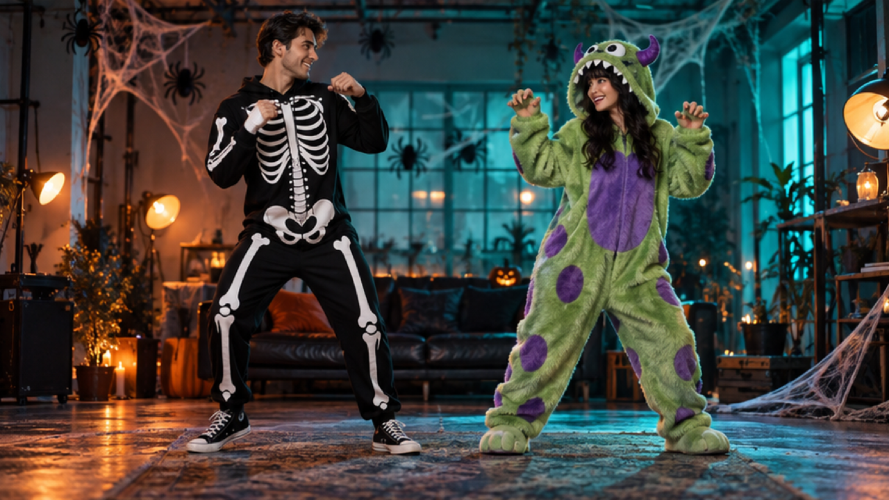 Two fictional adult performers in skeleton print and friendly monster costumes, original studio with cobweb props, teal-orange lights
