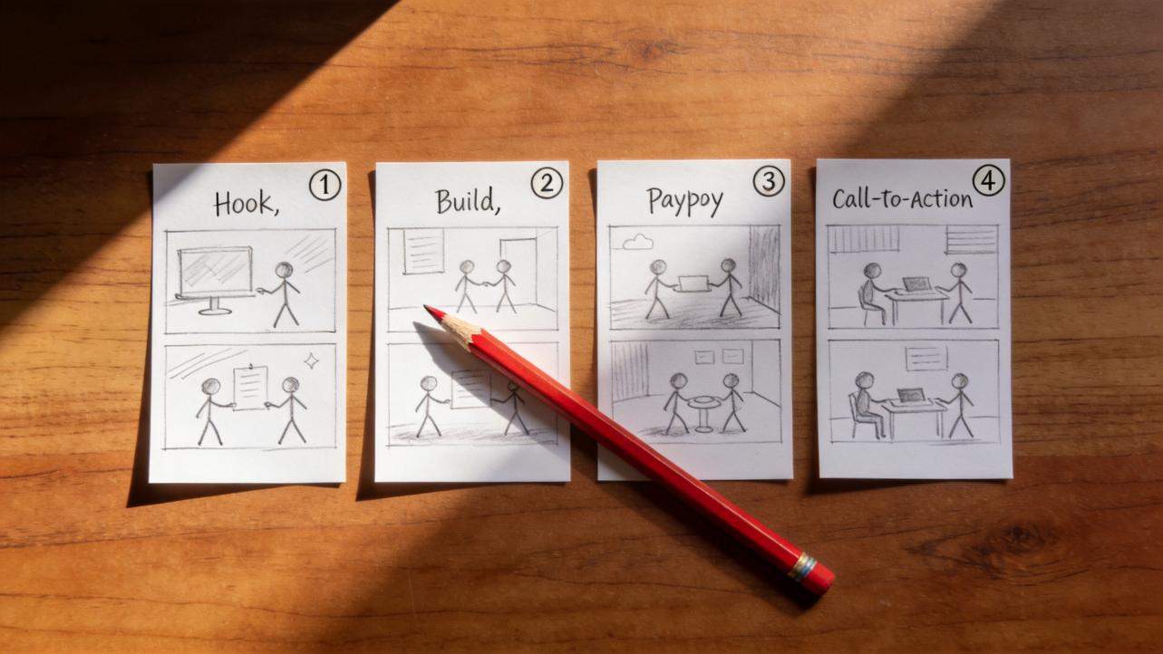 Four note cards labeled Hook, Build, Payoff, and Call-to-Action on a wooden table