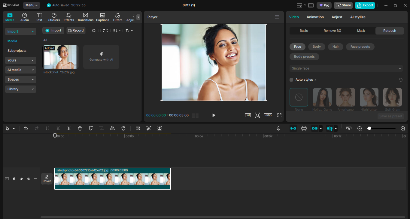 Interfaccia dell' CapCut editor video desktop - lo strumento migliore per rendere i denti bianchi in una foto