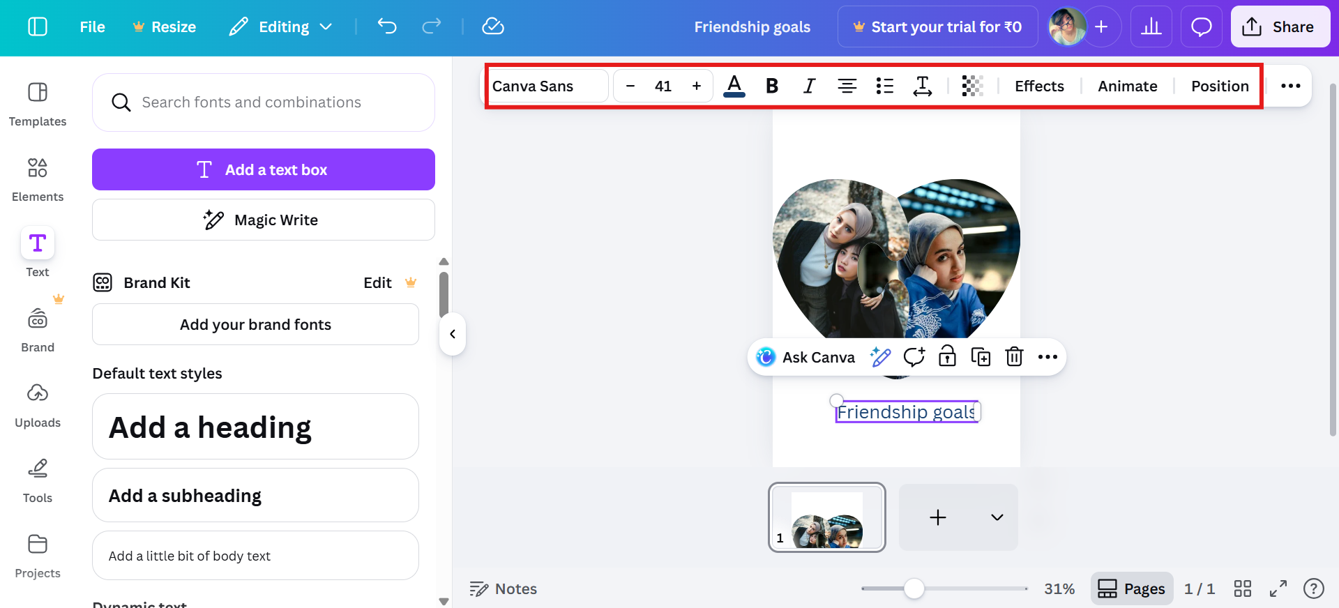Customize the design with filters and text effects