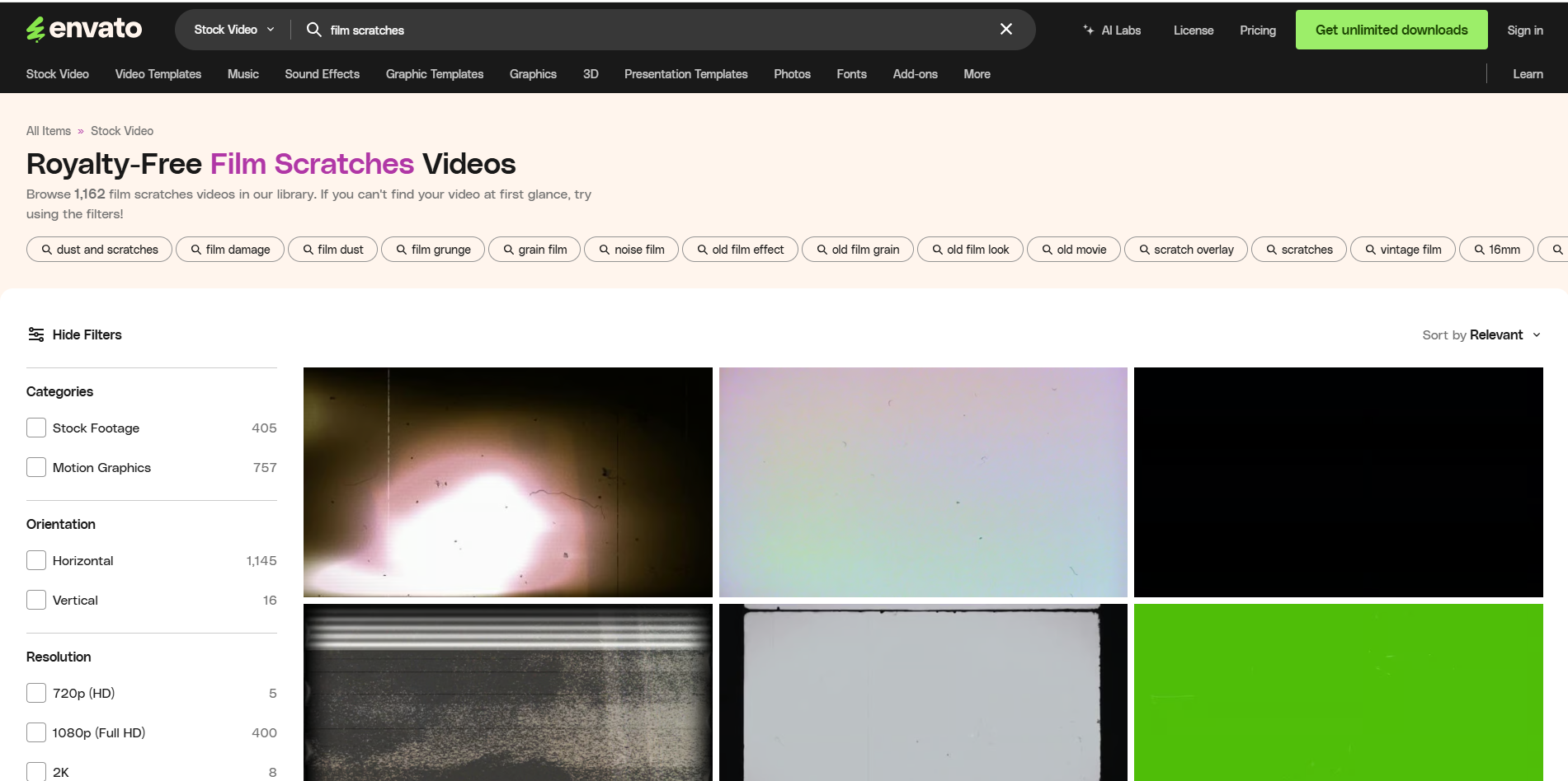 Interface of Envato Elements - another way to get free film scratches overlays