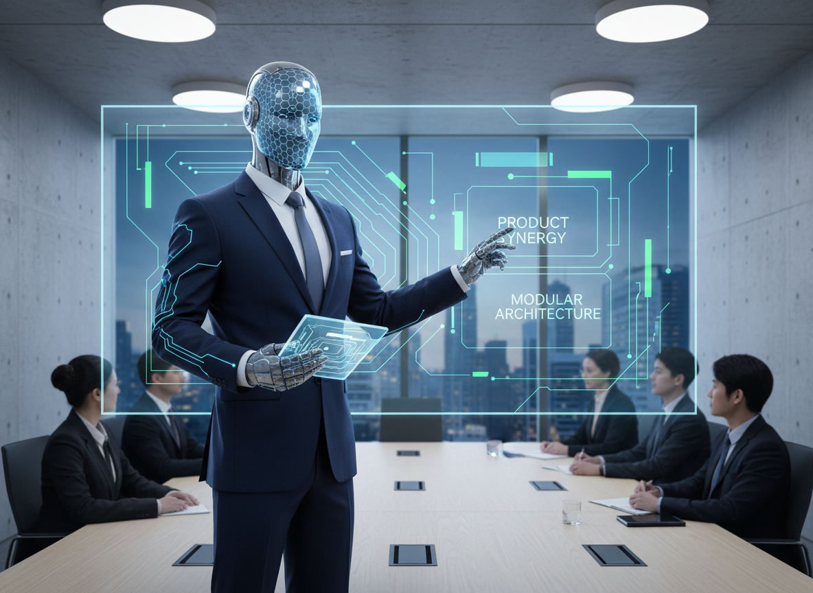 AI corporate avatar in a boardroom demonstrating product features on a large display, business attire and minimalistic corporate background, formal tone.
