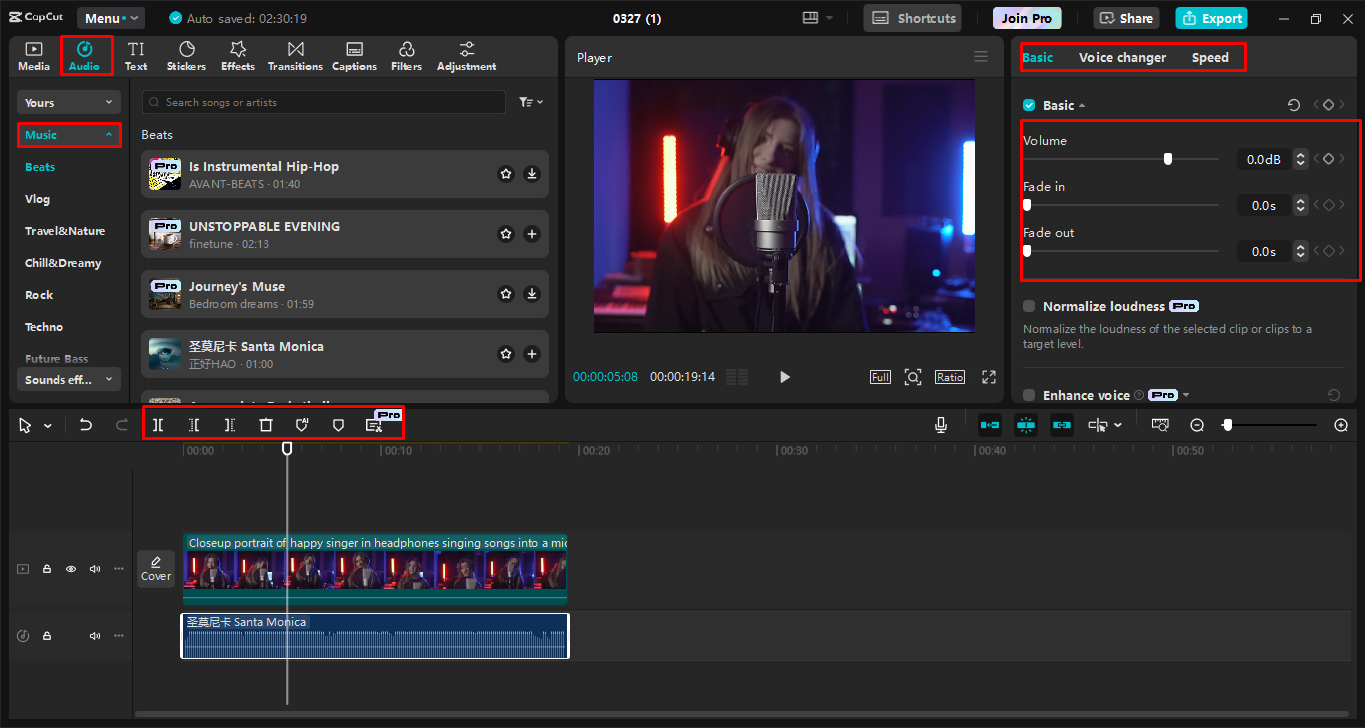 Adding and adjusting the music track in the CapCut video editor