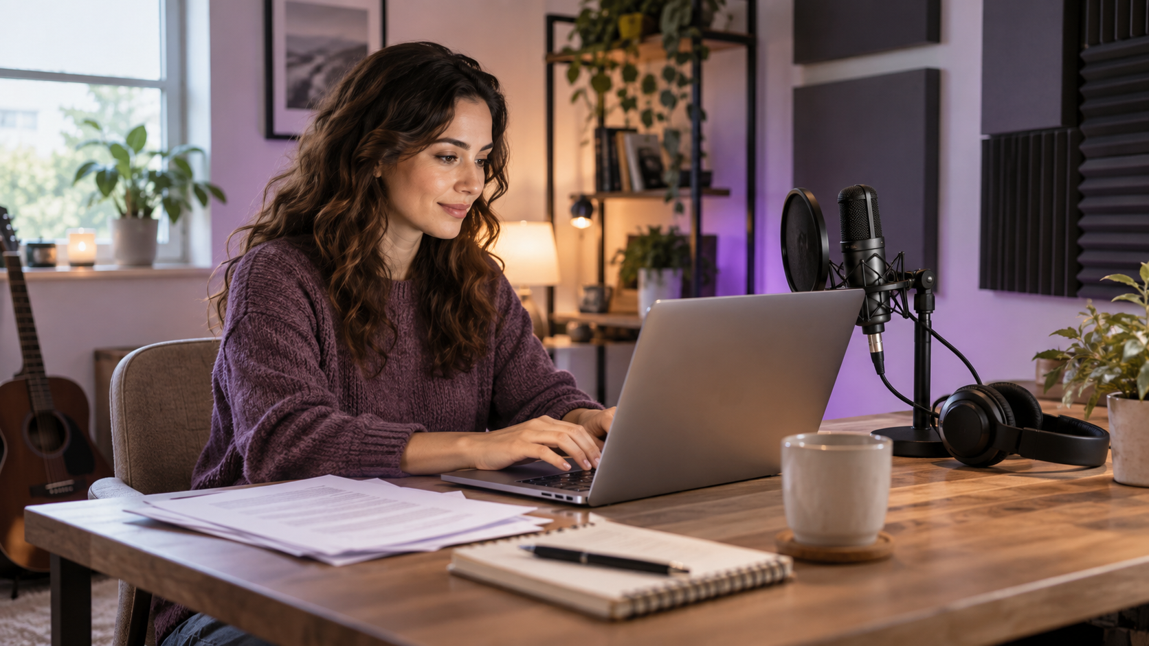 Creator typing a voiceover script beside a microphone and printed narration pages