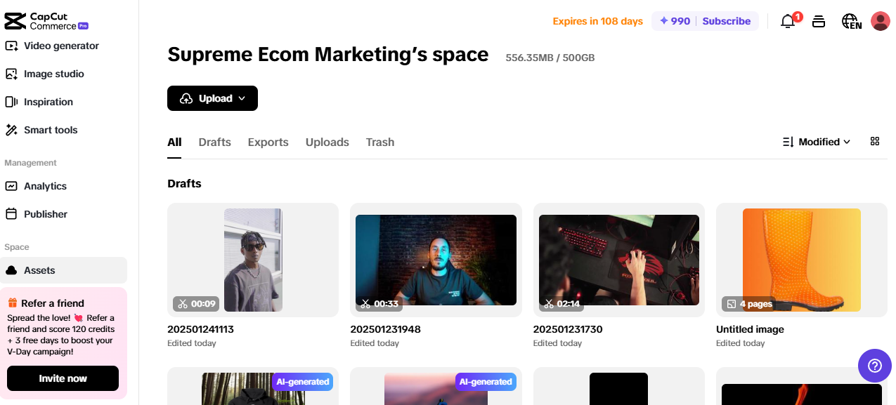 Panel Pippit prezentujący narzędzia do marketingu wideo, treści AI i szkice Supreme Ecom Marketing