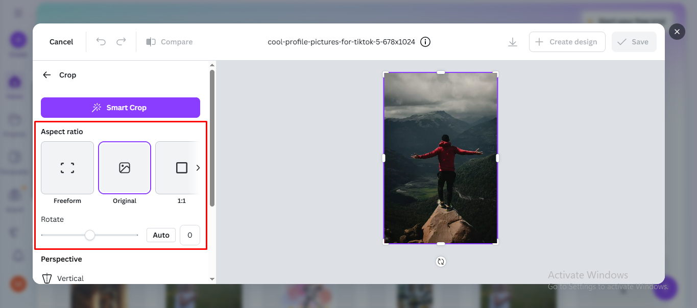 Selecting crop and aspect ratio in Canva