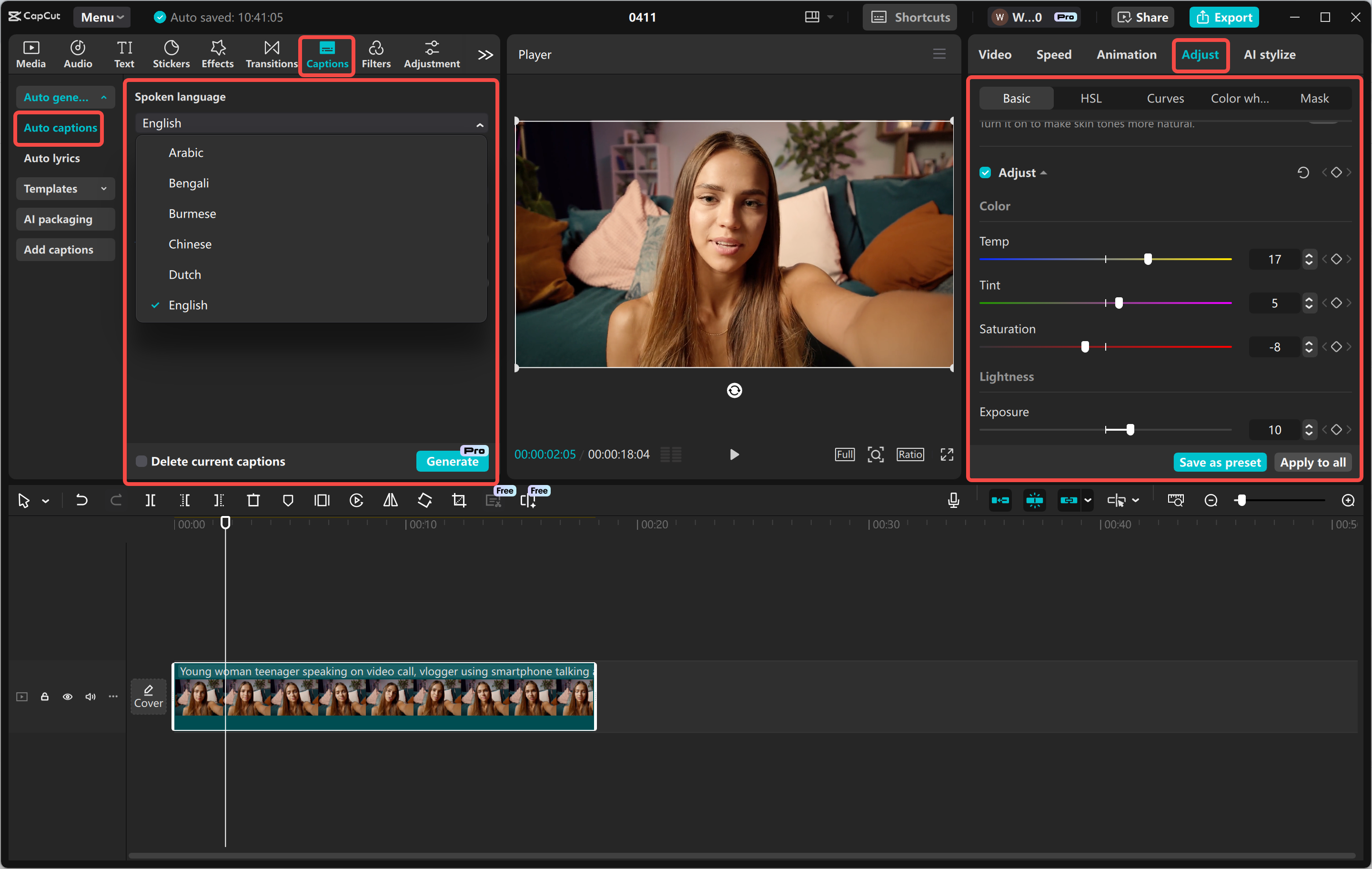 Editing the video recording in the CapCut desktop video editor