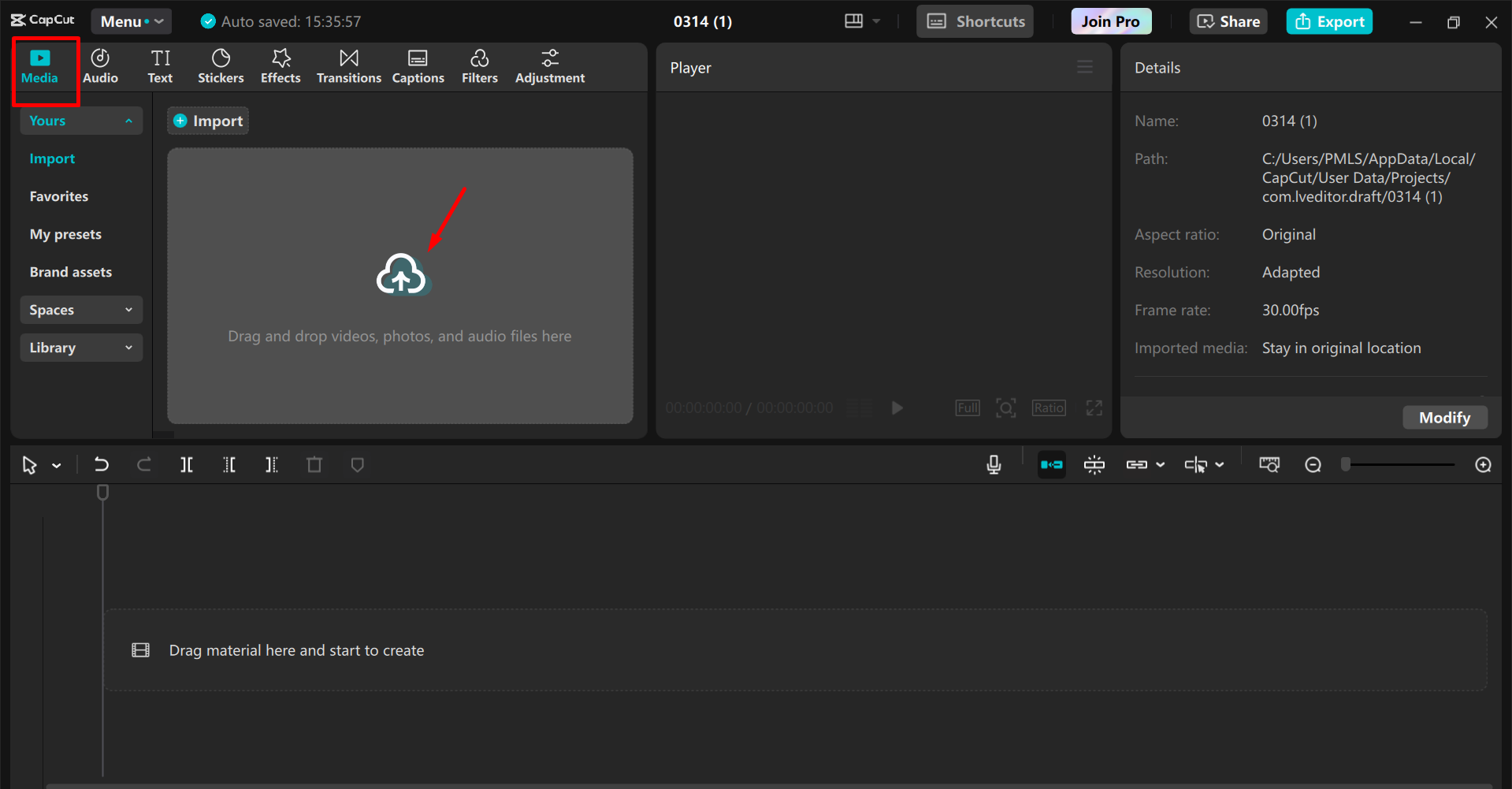 Importing the video in the CapCut desktop video editor