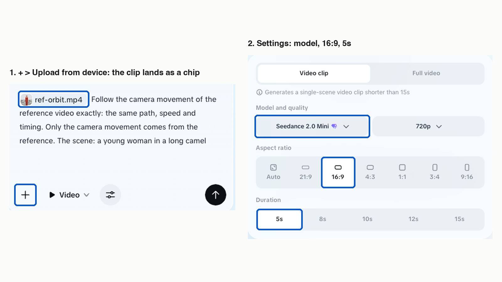 Two crops of the CapCut composer: the prompt box with a video chip, named after the reference file, in front of the prompt, and the settings panel with Seedance 2.0 Mini, 16:9 and 5s selected.